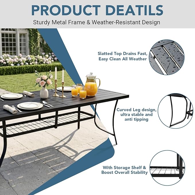 77" Extra Large Outdoor Metal Dining Table, Rectangular Wrought Iron Patio Table for 8 People, Weather-Resistant Steel Slatted Table with Umbrella Hole for Party & Backyard