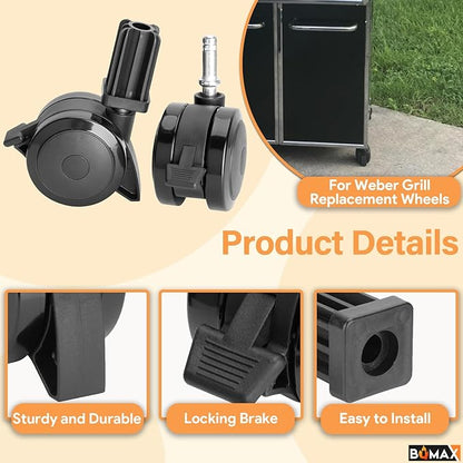 70360 Locking Caster with Insert for Weber Spirit Grill Parts 2009-2012, for Weber Summit Grill Parts 2007-2011, for Weber Genesis Grill Parts 2007-2011, 4 Pack for Weber Grill Replacement Wheels