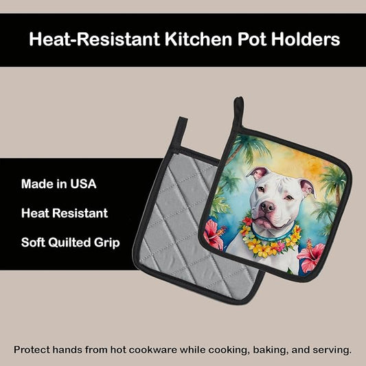 Caroline's Treasures Pit Bull Terrier Luau Pair of Pot Holders Kitchen Heat Resistant Pot Holders Sets Oven Hot Pads for Cooking Baking BBQ, 7 1/2 x 7 1/2