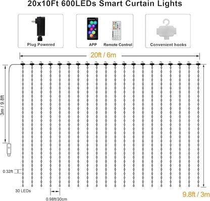 Smart Color Changing Curtain Lights RGB 5050 Built in Chip with App Remote | 600 LED Curtain Lights 20Ftx10Ft Compatible with Alexa, Music Sync, Timer Plug in for Christmas Wedding Backdrop Decor