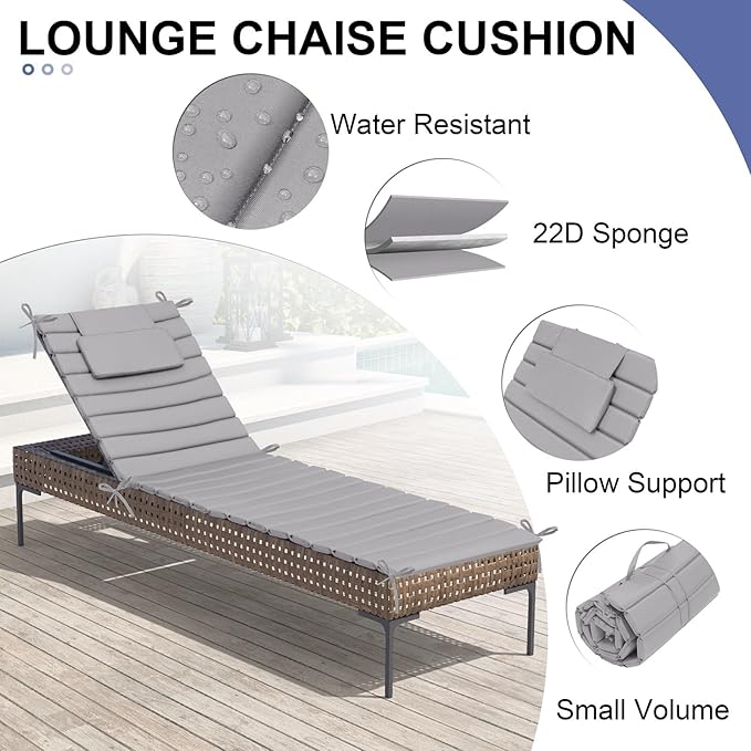 Crestlive Products Chaise Lounge Cushion Outdoor Set of 2, Foldable Waterproof Pool Lounge Chair Cushions with Straps, Lounger Cushions for Outdoor Furniture， 80''Lx26''W (Light Gray)
