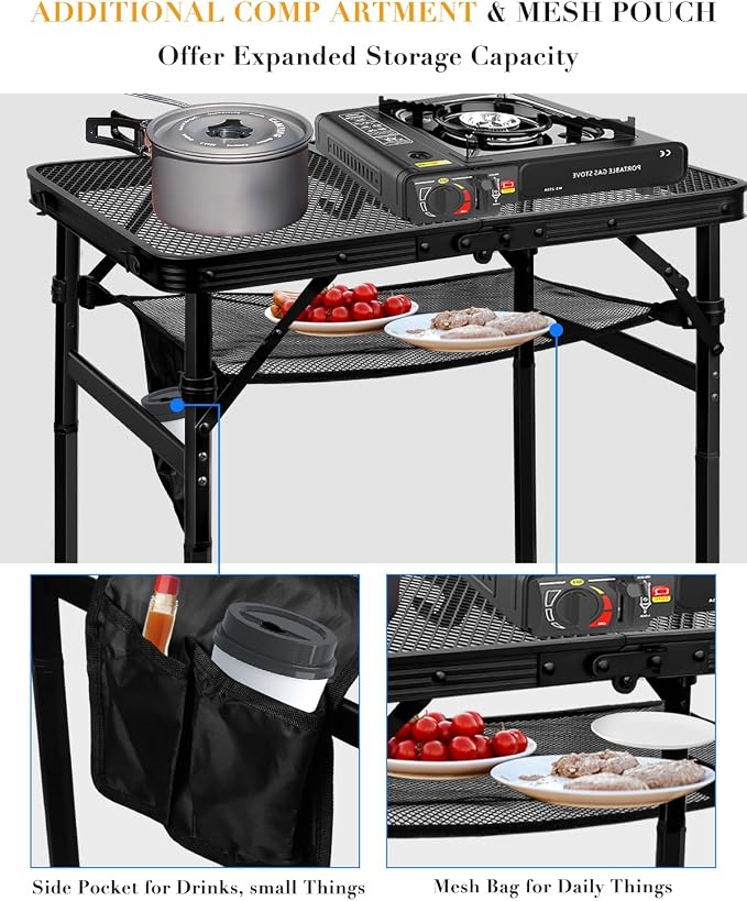 Honagu Folding Grill Table, Height Adjustable Metal Picnic Outdoor Table, Portable Camping Table for Outdoor Camping, Patio, Dining, BBQ, Party, Travel Cooking,Small 23.6"×15.7"Lightweight, Waterproof