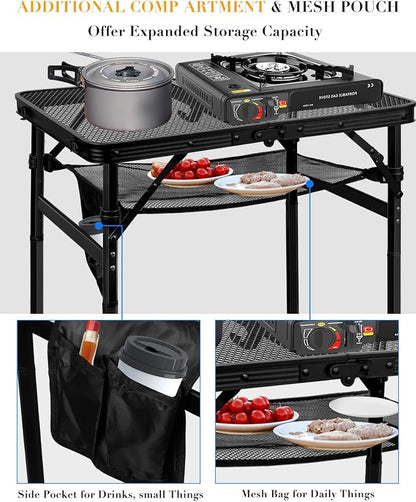 Honagu Folding Grill Table, Height Adjustable Metal Picnic Outdoor Table, Portable Camping Table for Outdoor Camping, Patio, Dining, BBQ, Party, Travel Cooking,Small 23.6"×15.7"Lightweight, Waterproof