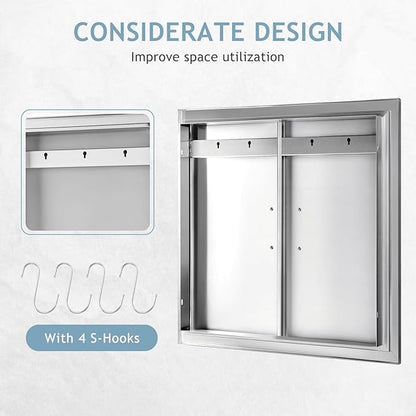 Hally BBQ Access Door 24" W x 24" H of 304 Stainless Steel Double Doors with 2 Detachable Handles and 4 Hooks, Outdoor Kitchen Doors for BBQ Island, Grilling Station, Outdoor Cabinet