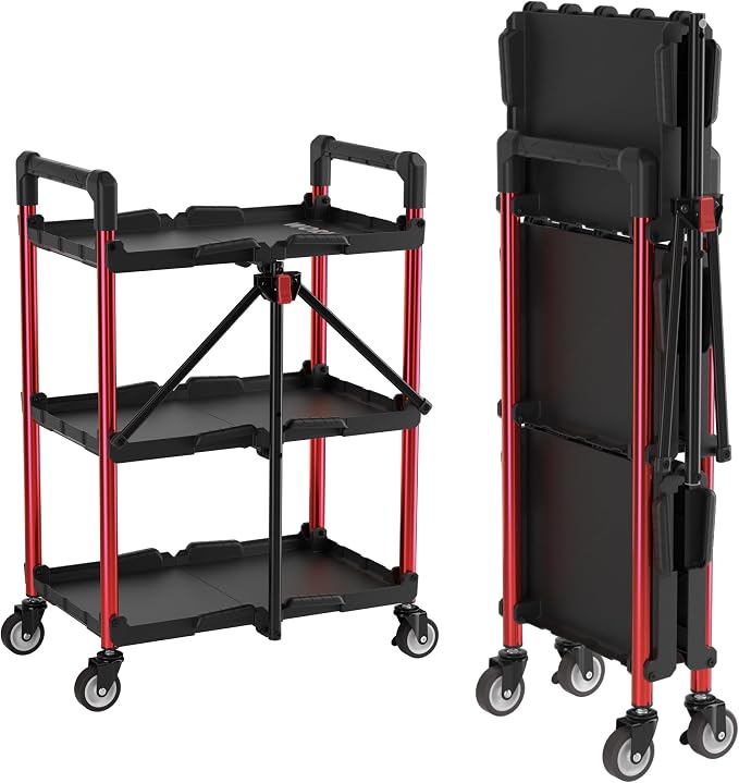 WORKPRO 3-Tier Collapsible Utility Cart, 210 LBS Cart with Wheels | No Assembly Required, Foldable Service Cart with Spacious Shelves for Garage, Warehouse, Office & Home Use, Black/Red