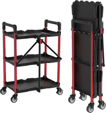 WORKPRO 3-Tier Collapsible Utility Cart, 210 LBS Cart with Wheels | No Assembly Required, Foldable Service Cart with Spacious Shelves for Garage, Warehouse, Office & Home Use, Black/Red