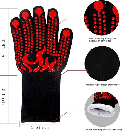 BBQ Gloves - Ideal for Outdoor Grill Gloves- Cooking Glove Heat Resistant up to 1472℉ Grilling Glove Extended Wrist for Additional Safety, Oven Glove/Kitchen Gloves for Oven- Women/Men Dad for Gifts