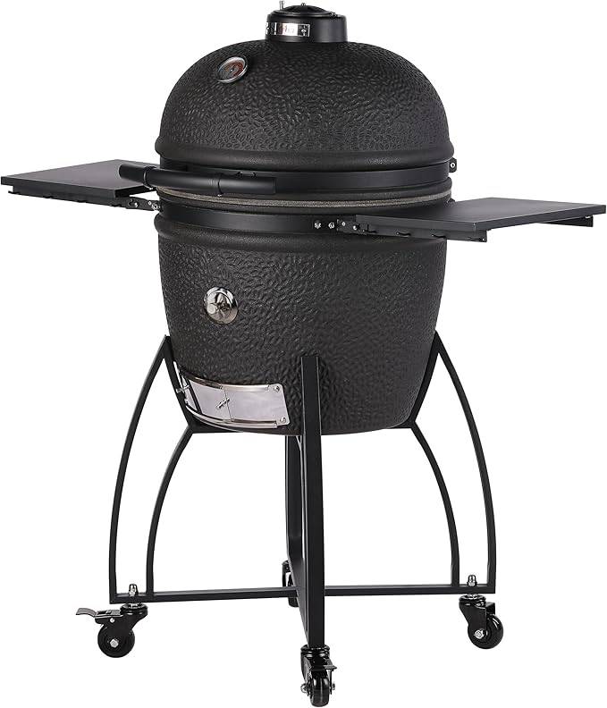 Saffire Carbon Kamado – Large Ceramic Grill and Smoker, 19" Charcoal Grill with Crucible Firebox, Smokin’ Chip Feeder, Two-Piece Heat Deflector, Multi-Grids, Ash Tool – Matte Black