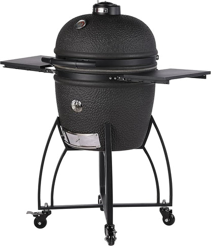 Saffire Carbon Kamado – Large Ceramic Grill and Smoker, 19" Charcoal Grill with Crucible Firebox, Smokin’ Chip Feeder, Two-Piece Heat Deflector, Multi-Grids, Ash Tool – Matte Black