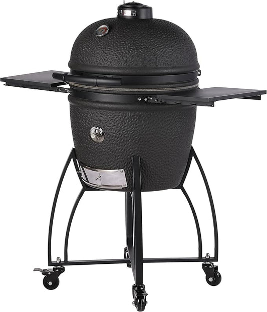 Saffire Carbon Kamado – Large Ceramic Grill and Smoker, 19" Charcoal Grill with Crucible Firebox, Smokin’ Chip Feeder, Two-Piece Heat Deflector, Multi-Grids, Ash Tool – Matte Black
