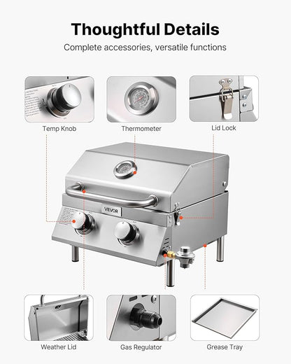 VEVOR Tabletop Gas Grill, 2-Burner Stainless Steel Portable Propane Grill, with Built-in Thermometer, Travel Locks, Weatherproof Lid, 15,000 BTU Total, for Outdoor Cooking, Patio, Party, Camping, RV