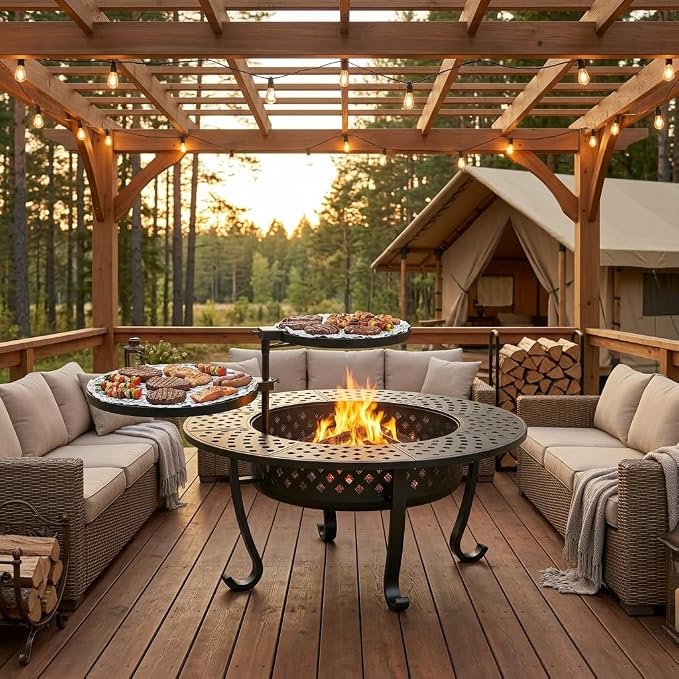 3 in 1 43" Large Fire Pit for Outside Wood Burning with 2 Adjustable Grills | Outdoor Fireplace with Lid and Fire Poker, Firepit with BBQ & Bonfire & Round Metal Table for Patio, Backyard, Deck, Yard