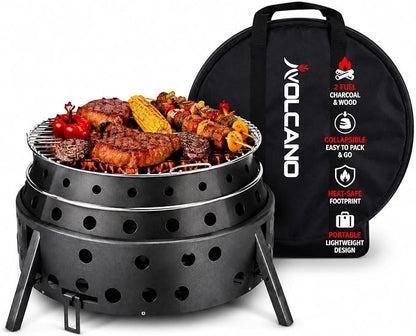 Volcano 2 Collapsible Grill/Stove, Portable Camping Charcoal or Wood Cooker, Folding Outdoor Grill with Carrying Case, 13" Cooking Surface, Compact Steel Camp Cooker for Tailgating Backyard Use
