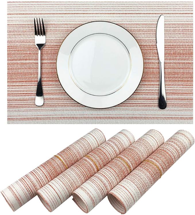 Placemat,Blending Color Durable Woven Vinyl Placemat Washable Heat-Resistant Anti-Skid Kitchen Dining Table Mats (Set of 4, Red with White)