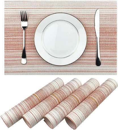 Placemat,Blending Color Durable Woven Vinyl Placemat Washable Heat-Resistant Anti-Skid Kitchen Dining Table Mats (Set of 4, Red with White)