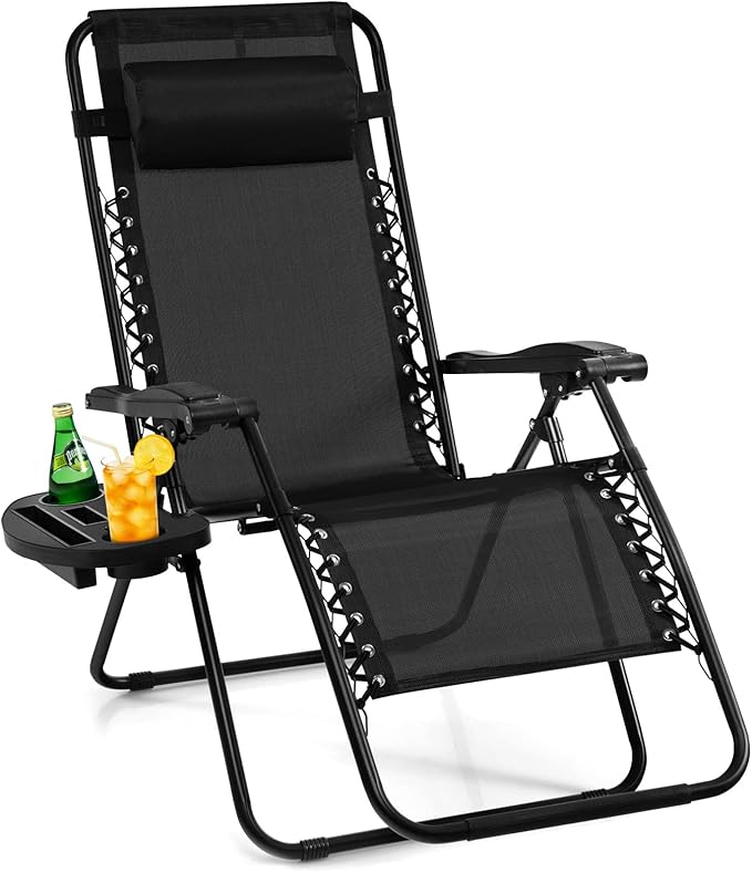 Giantex Zero Gravity Reclining Chair, Outdoor Patio Recliner with Cup Holder & Removable Pillow, Adjustable Backrest, Indoor Lounge Chair for Backyard, Garden, Poolside (Black)