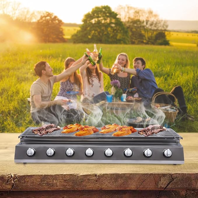 Commercial Barbecue Grill, 8 Burners BBQ LPG Tabletop Gas Grill w/Steel Shield Gas Grill Griddle Patio Garden Barbecue Grill with Adjustable Height for Party Backyard BBQ