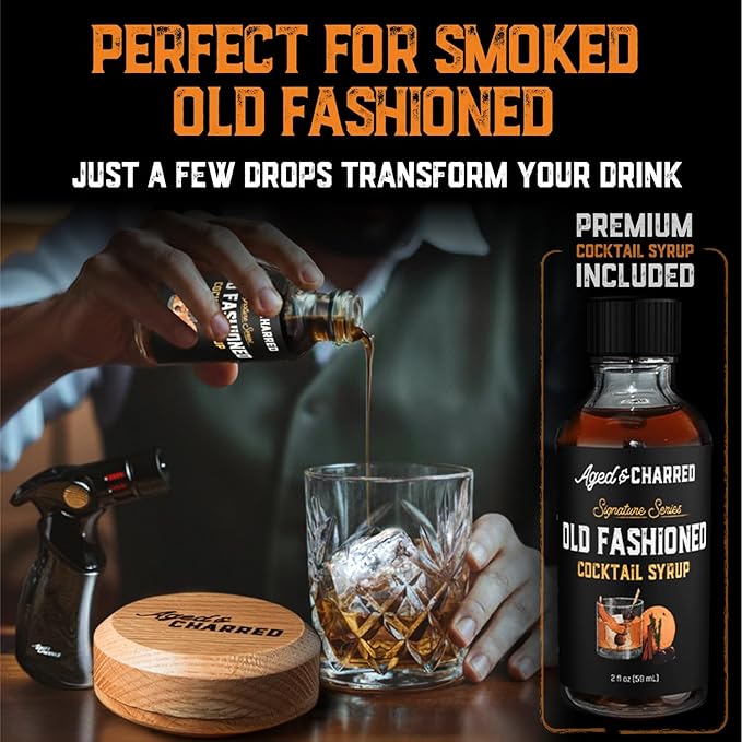Whiskey Smoker Kit with Torch and Butane and Old Fashioned Syrup - 8 Flavors Wood Chips, 100% USA Oak, High-End Set - Old Fashioned Bourbon Cocktail Smoker Kit Gifts for Men Dad