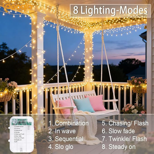 Pooqla 2 Pack String Lights Battery Operated, Total 33.3ft 100 LED Fairy Lights Indoor Outdoor Decorations, 8 Modes Warm White Battery Christmas Lights for Bedroom Classroom Porch Party Yard Decor
