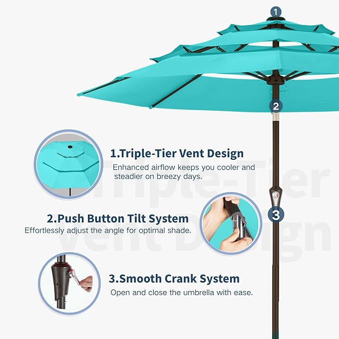 10FT Patio Umbrella 3 Tiers Outdoor Market Umbrella w/Push Button Tilt, Crank, UV and Waterproof Table Umbrella for Garden, Pool, Backyard, Deck, Lawn, Aqua Blue