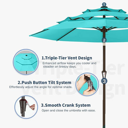 10FT Patio Umbrella 3 Tiers Outdoor Market Umbrella w/Push Button Tilt, Crank, UV and Waterproof Table Umbrella for Garden, Pool, Backyard, Deck, Lawn, Aqua Blue