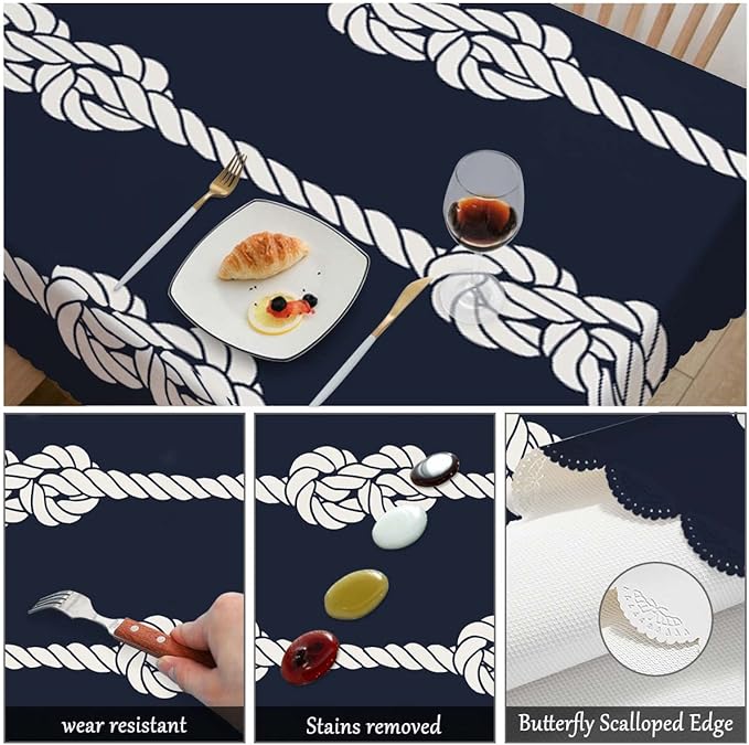 Swono Nautical Rope Table Covers 52x70 Inch Marine Rope White Loop Knots Wipeable Tablecloth Kitchen Dinning Tabletop Decoration, Navy Blue Table Cloth for Outdoor and Indoor Use