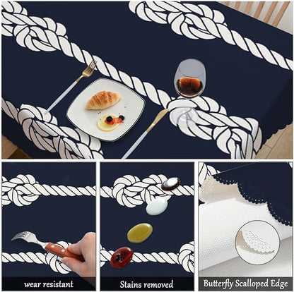 Swono Nautical Rope Table Covers 52x70 Inch Marine Rope White Loop Knots Wipeable Tablecloth Kitchen Dinning Tabletop Decoration, Navy Blue Table Cloth for Outdoor and Indoor Use