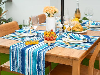 YiHomer Indoor Outdoor Tabletop for Spring Summer Decorations, Picnics and Dinner Parties - Stain and Water Resistant, Crayon Art (Ocean), Zipper Table Runner, 14 x 108 with Umbrella Hole