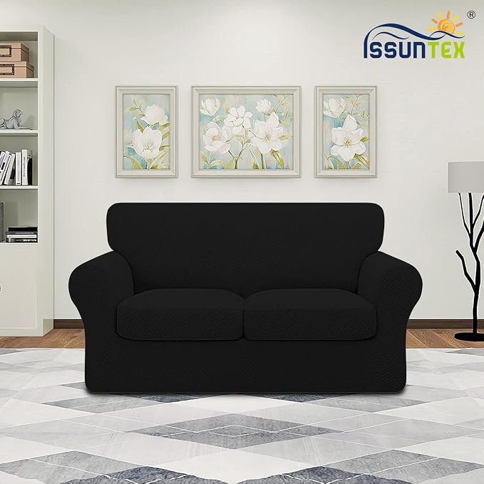ISSUNTEX 3 Pieces High Stretch Thicken Loveseat Couch Covers, Soft Sofa Slipcover for 2 Separate Cushion Couch, Jacquard Fabric Elastic Sofa Cover Furniture Protector for Dogs (Loveseat, Black)