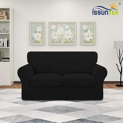 ISSUNTEX 3 Pieces High Stretch Thicken Loveseat Couch Covers, Soft Sofa Slipcover for 2 Separate Cushion Couch, Jacquard Fabric Elastic Sofa Cover Furniture Protector for Dogs (Loveseat, Black)