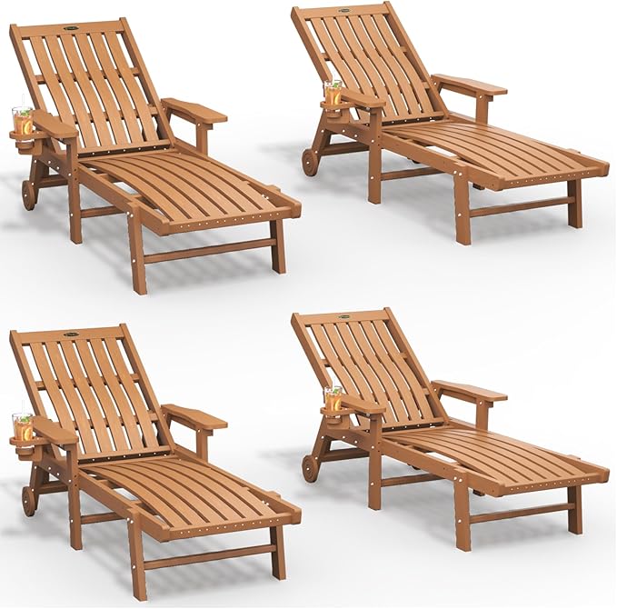 THOEOE Patio Chaise Lounge Chair Set of 4, Oversized Lounge Chair Outdoor with 5 Positions, 78″ Long, HDPE, Patio Lounge Chair with Wheels & Cup Holder for Pool, Deck, Poolside,Wood