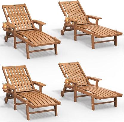 THOEOE Patio Chaise Lounge Chair Set of 4, Oversized Lounge Chair Outdoor with 5 Positions, 78″ Long, HDPE, Patio Lounge Chair with Wheels & Cup Holder for Pool, Deck, Poolside,Wood