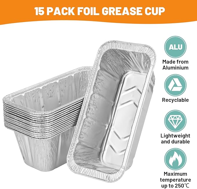 15-Pack Grease Cup Liners + Metal Griddle Grease Catcher Compatible with Blackstone Griddle, Aluminum Foil Drip Pan Grease Catcher Cup Liner for Blackstone Griddle 17, 22, 28, 36 Inch
