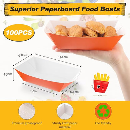 100 Pcs 2lb Paper Food Trays Boat Nacho Boats for Hot Dogs, Orange | Grease-Resistant, Disposable Kraft Paper Boat for Tacos Concession, Food Trucks, Birthday, Wedding, Christmas, Halloween