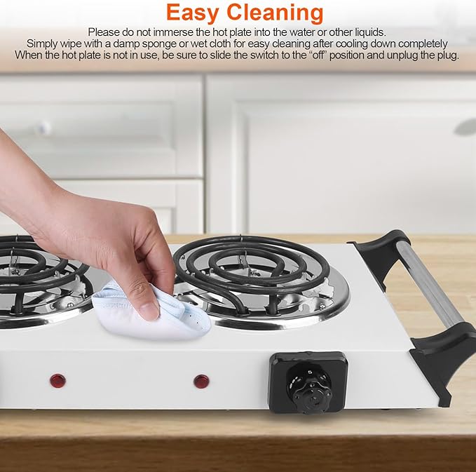 Electric Hot Plate, 2000W Countertop Double Burner with Adjustable Temperature & Handles, Stainless Steel Coil Electric Stove for Cooking Cooktop for Home Kitchen Dorm RV Camp, Black, Small