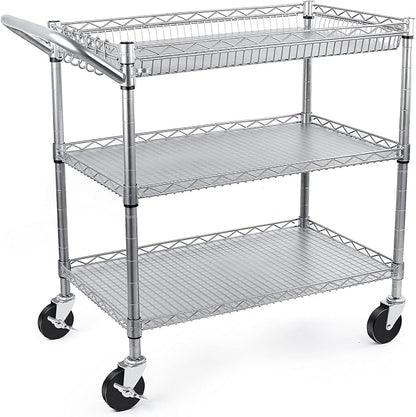 Heavy Duty 3 Tier Utility Cart,Wire Rolling Carts with Wheels, Commercial Grade Service Cart with Shelving Liners and Handle Bar Metal Carts for Kitchen Office Hardware