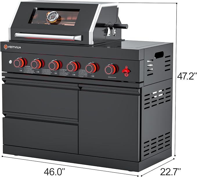 4+1 Burner Natural Gas Modular Outdoor Kitchen Grill Module, 75300 BTU Black Stainless Steel BBQ with Side Burner for Patio Island Permanent Gas Line NG