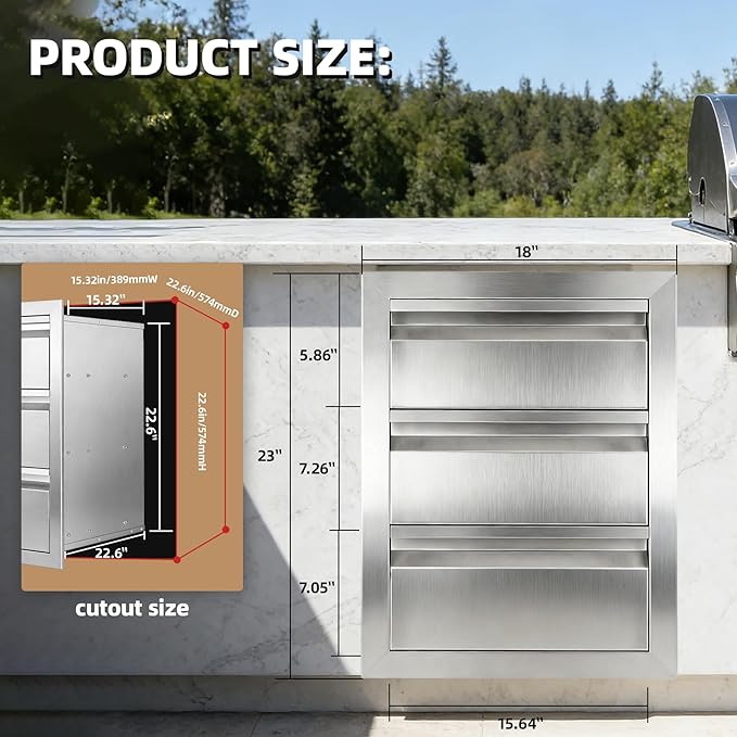 Outdoor Kitchen Drawers 18" x 23" x 23" Stainless Steel Triple Drawer Cabinet, Flush Mount Modular Storage for BBQ Islands & Patios