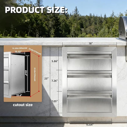 Outdoor Kitchen Drawers 18" x 23" x 23" Stainless Steel Triple Drawer Cabinet, Flush Mount Modular Storage for BBQ Islands & Patios