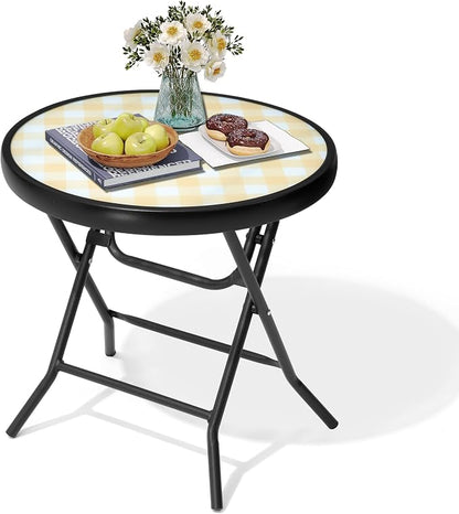 Foldable Side Table with Tempered Glass Top, Yellow | 18" Small Patio Side Tables Outdoor for Porch Yard Balcony Deck Lawn Garden