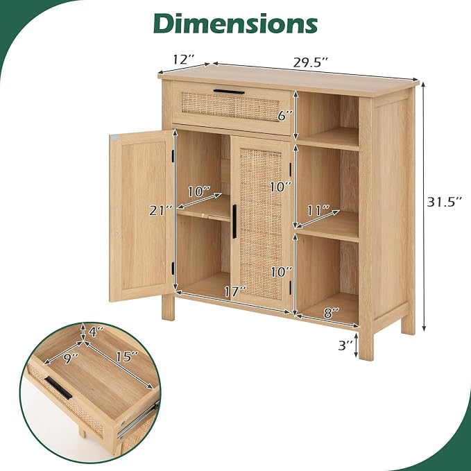 Giantex Buffet Cabinet with Storage, Boho Rattan Sideboard with 2 Doors, Drawer, 3 Open Cubbies, Adjustable Shelf, Freestanding Accent Cabinet for Kitchen,Living Room, Natural