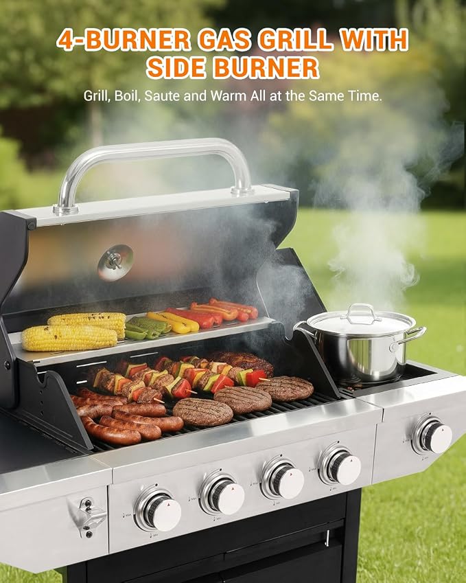 EUHOME 4-Burner Propane Gas BBQ Grill with Side Burner, 46,500 BTU Output Stainless Steel Barbecue Grill with Enameled Cast Iron Grates and Side Tables for Outdoor Cooking Kitchen and Patio Backyard