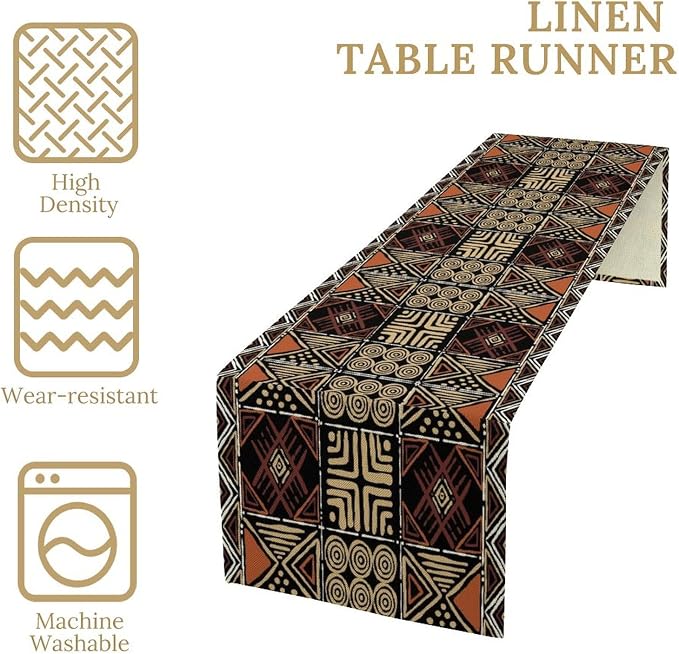 Vintage African Geometric Tribal Table Runner Colorful Abstract Africa Traditional Mud Pattern Seasonal Summer Holiday Dinner Runner for Farmhouse Dinner Table Party Decor Brown 13x108in