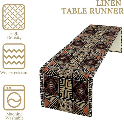 Vintage African Geometric Tribal Table Runner Colorful Abstract Africa Traditional Mud Pattern Seasonal Summer Holiday Dinner Runner for Farmhouse Dinner Table Party Decor Brown 13x90in