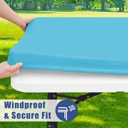 Moosfor Spandex 8 Foot Rectangle Table Cloth, Elastic Fitted Tablecloths for Picnic, Stretch Washable Patio Table Cover for Outdoor, Camping, Banquet and Parties (Blue Mist, 30"x96")
