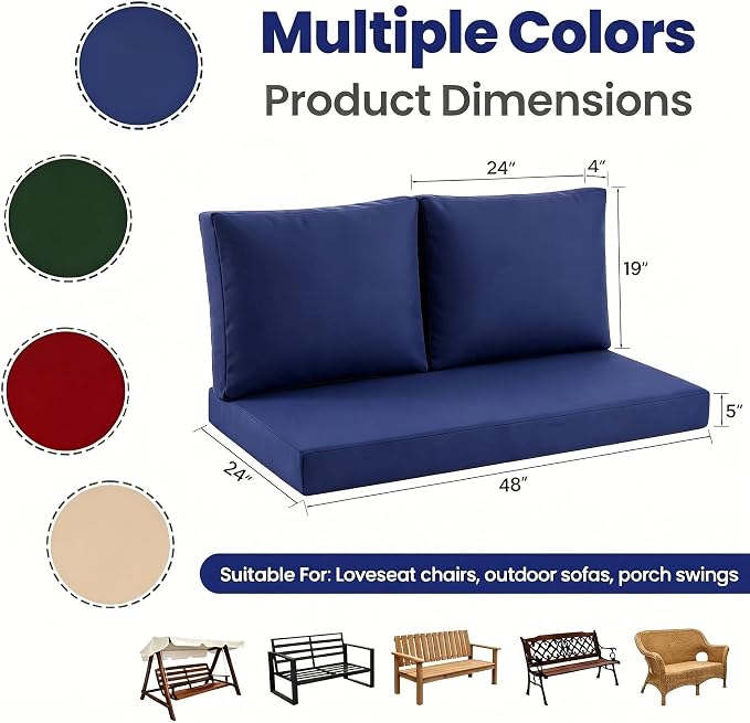 Outdoor Loveseat Cushion Set, 48" x 24" Loveseat Cushions for Outdoor Furniture, Waterproof & Fade-Resistant Patio Furniture Cushions, Deep Seat Cushion for Bench, Swing and Couch, Navy Blue