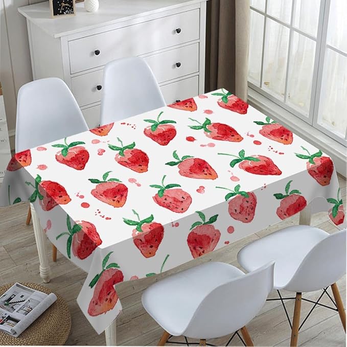 TKS MITLAN Red Strawberry Decorative Rectangle Tablecloth Summer Fruits Strawberry Leaves Polyester Table Cloths Kitchen Table Cover for Dining BBQ Picnic Coffee Table 60 x 84 Inch 6-8 Seats