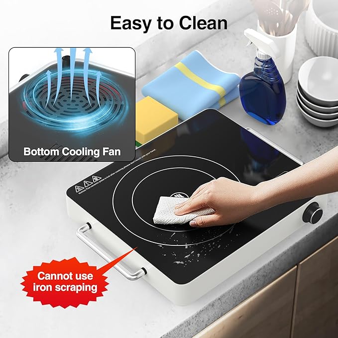 VBGK Electric Cooktop, 110V Touch and Knob Electric Stove Top, 1800W Single Burner With Handle, 9 Power Levels, Kids Safety Lock & 4H Timer, Portable, Black