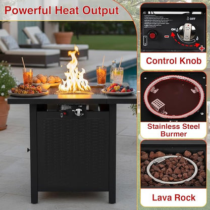 PayLessHere 28" Square Propane Fire Pit Table, 50,000 BTU CSA-Certified Outdoor Gas Fire Pit with Lid & Lava Rock, Alloy Steel Patio Fire Table for Backyard, Balcony & Garden