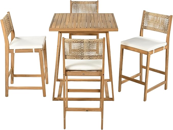 Christopher Knight Home Barron 5-Piece Acacia Wood Patio Bar Set, Patio Bar Table and Stools Set, Soft Seat Cushions, Rattan/Wicker Dining Set for Garden, Backyard, Poolside, Balcony, Teak + Beige